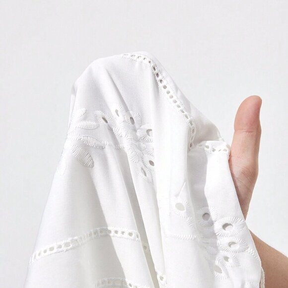 White Casual Women's Cotton Embroidered Long Spaghetti Strap Tassel Beach Dress - Picture 7 of 7